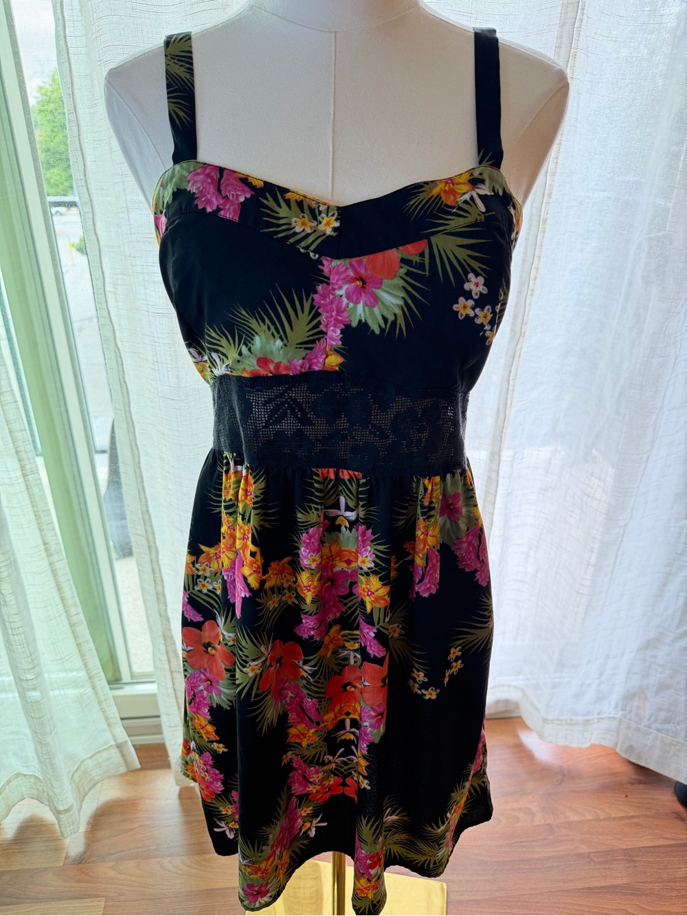 Element Black Mini Dress with Pink & Orange Floral Print